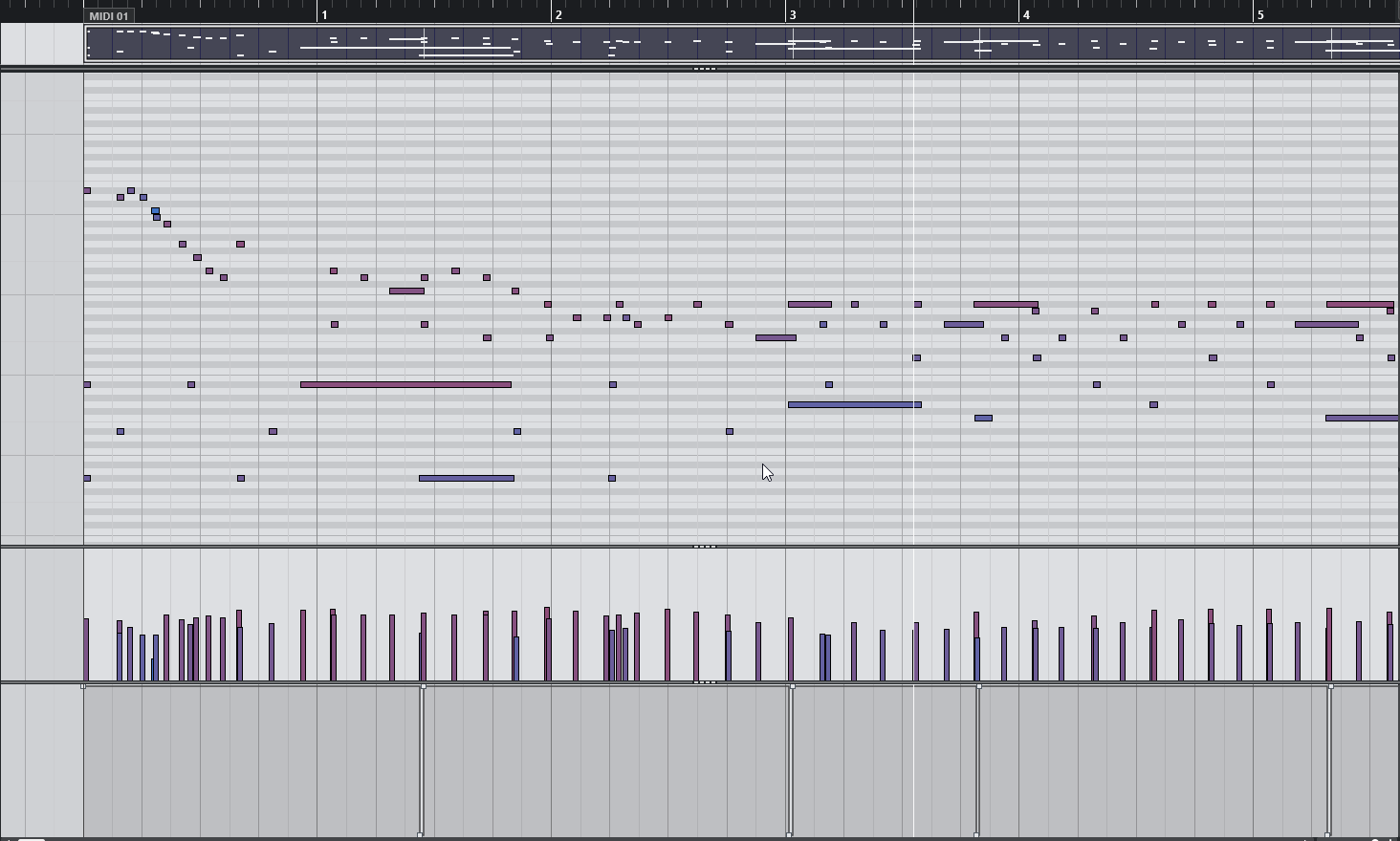 The jazz transcription open in a DAW with its velocity and sustain data